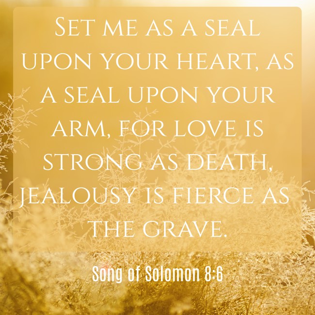 Set me as a seal upon your heart, as a seal upon your arm, for love is strong as death, jealousy is fierce as the grave. - Song of Solomon 8:6