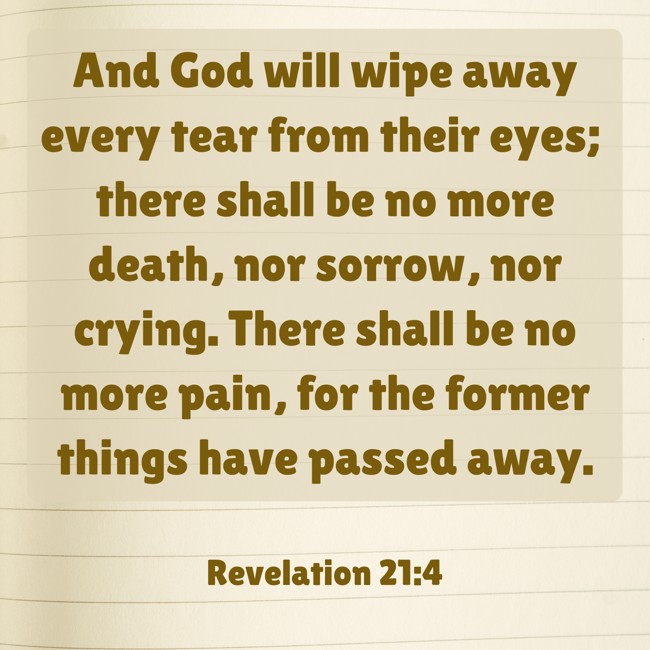  And God will wipe away every tear from their eyes; there shall be no more death, nor sorrow, nor crying. There shall be no more pain, for the former things have passed away.   - Revelation 21:4 