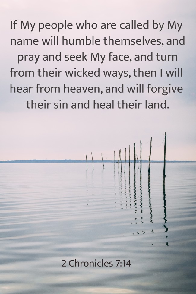  If My people who are called by My name will humble themselves, and pray and seek My face, and turn from their wicked ways, then I will hear from heaven, and will forgive their sin and heal their land.   - 2 Chronicles 7:14 