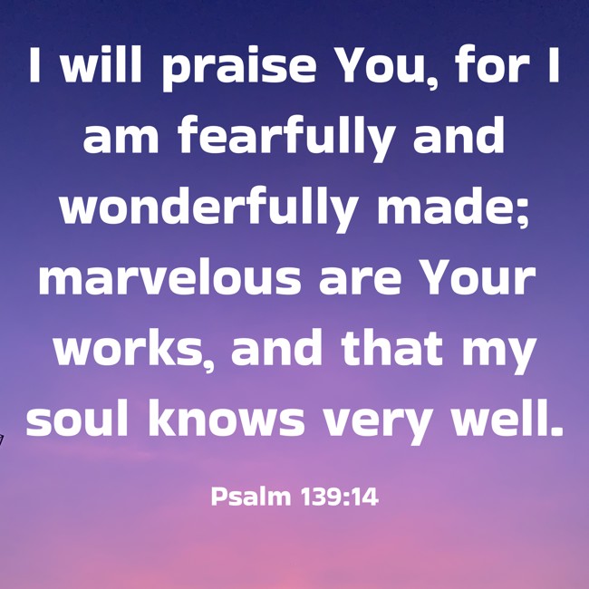 I will praise You, for I am fearfully and wonderfully made; marvelous are Your works, and that my soul knows very well. - Psalm 139:14