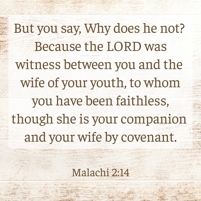 But you say, Why does he not? Because the LORD was witness between you and the wife of your youth, to whom you have been faithless, though she is your companion and your wife by covenant. - Malachi 2:14