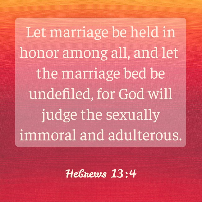 Let marriage be held in honor among all, and let the marriage bed be undefiled, for God will judge the sexually immoral and adulterous. - Hebrews 13:4