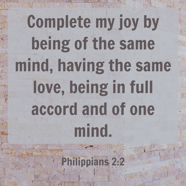 Complete my joy by being of the same mind, having the same love, being in full accord and of one mind. - Philippians 2:2