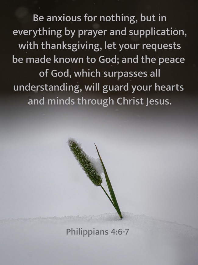 Be anxious for nothing, but in everything by prayer and supplication, with thanksgiving, let your requests be made known to God; and the peace of God, which surpasses all understanding, will guard your hearts and minds through Christ Jesus. - Philippians 4:6-7