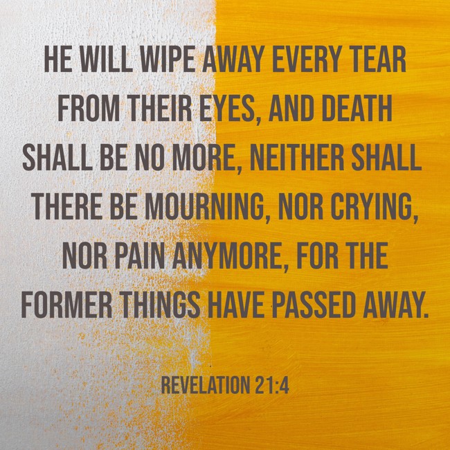 He will wipe away every tear from their eyes, and death shall be no more, neither shall there be mourning, nor crying, nor pain anymore, for the former things have passed away. - Revelation 21:4