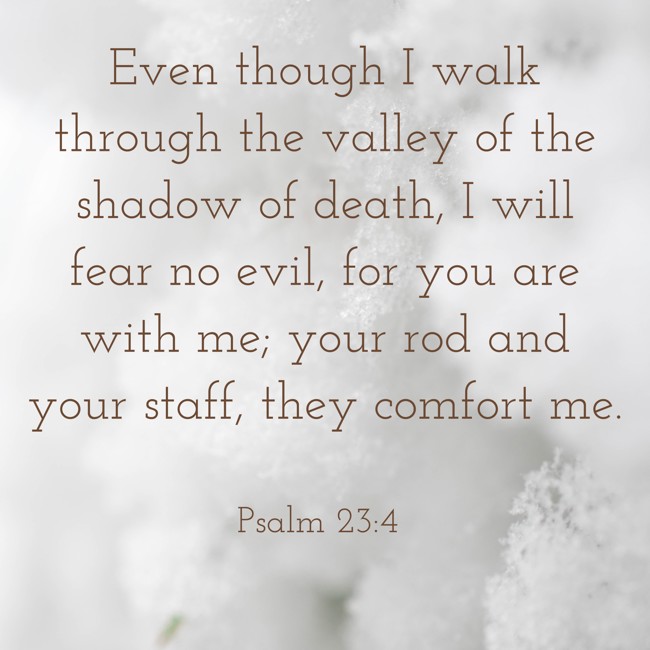 Even though I walk through the valley of the shadow of death, I will fear no evil, for you are with me; your rod and your staff, they comfort me. - Psalm 23:4