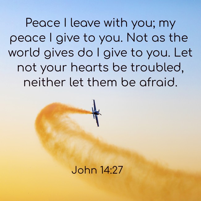 Peace I leave with you; my peace I give to you. Not as the world gives do I give to you. Let not your hearts be troubled, neither let them be afraid. - John 14:27