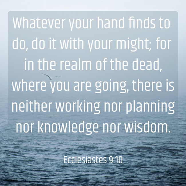 Whatever your hand finds to do, do it with your might; for in the realm of the dead, where you are going, there is neither working nor planning nor knowledge nor wisdom. - Ecclesiastes 9:10