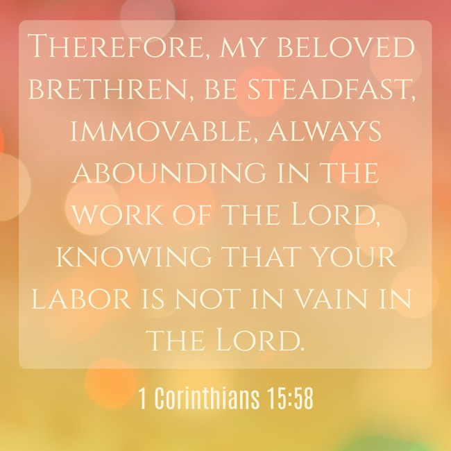 Therefore, my beloved brethren, be steadfast, immovable, always abounding in the work of the Lord, knowing that your labor is not in vain in the Lord. - 1 Corinthians 15:58