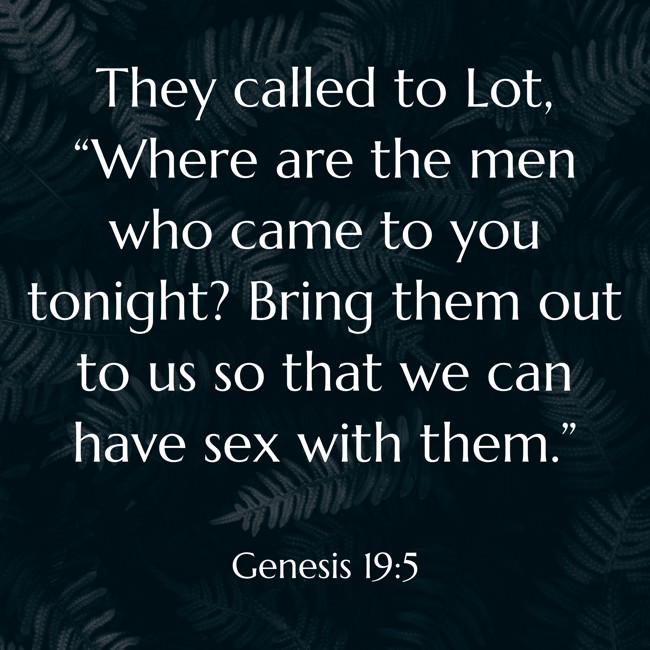 They called to Lot, “Where are the men who came to you tonight? Bring them out to us so that we can have sex with them.” - Genesis 19:5