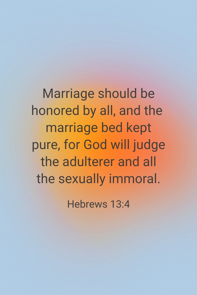 Marriage should be honored by all, and the marriage bed kept pure, for God will judge the adulterer and all the sexually immoral. - Hebrews 13:4