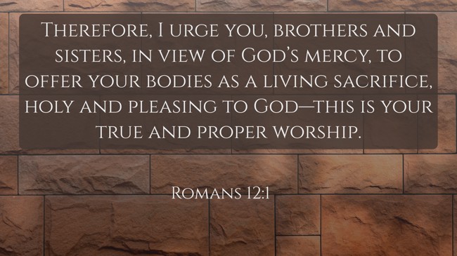 Therefore, I urge you, brothers and sisters, in view of God’s mercy, to offer your bodies as a living sacrifice, holy and pleasing to God—this is your true and proper worship. - Romans 12:1