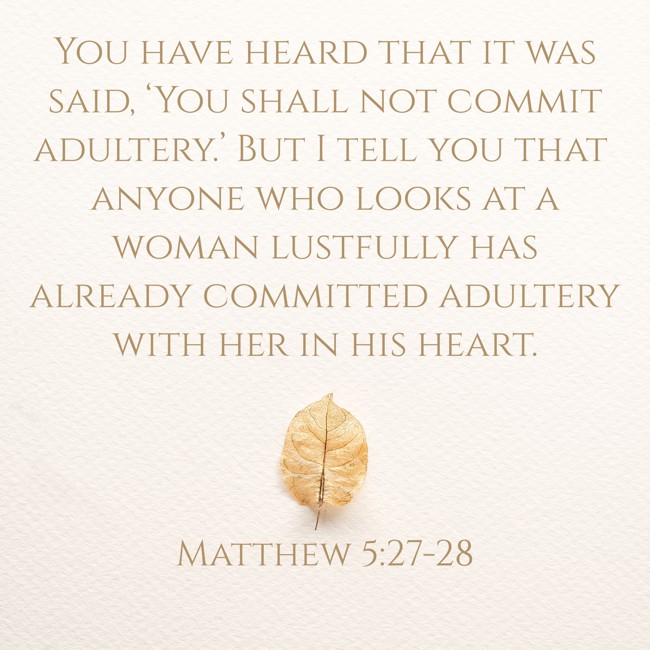 You have heard that it was said, ‘You shall not commit adultery.’ But I tell you that anyone who looks at a woman lustfully has already committed adultery with her in his heart. - Matthew 5:27-28
