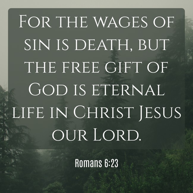 For the wages of sin is death, but the free gift of God is eternal life in Christ Jesus our Lord. - Romans 6:23