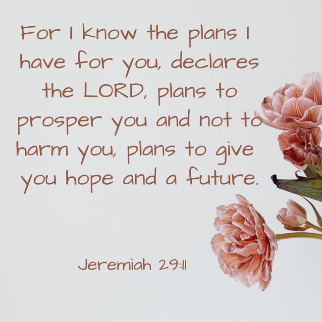 For I know the plans I have for you, declares the LORD, plans to prosper you and not to harm you, plans to give you hope and a future.   - Jeremiah 29:11 