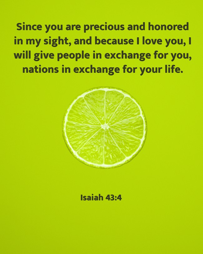  Since you are precious and honored in my sight, and because I love you, I will give people in exchange for you, nations in exchange for your life.   - Isaiah 43:4 