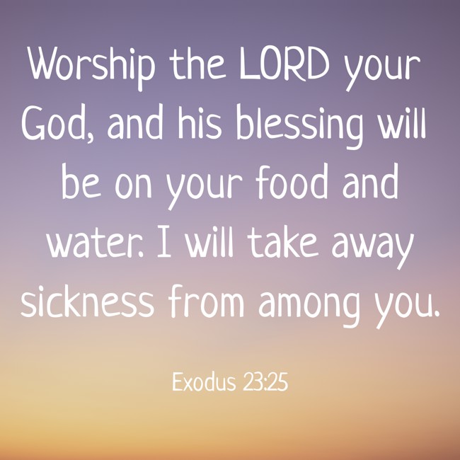  Worship the LORD your God, and his blessing will be on your food and water. I will take away sickness from among you.   - Exodus 23:25 