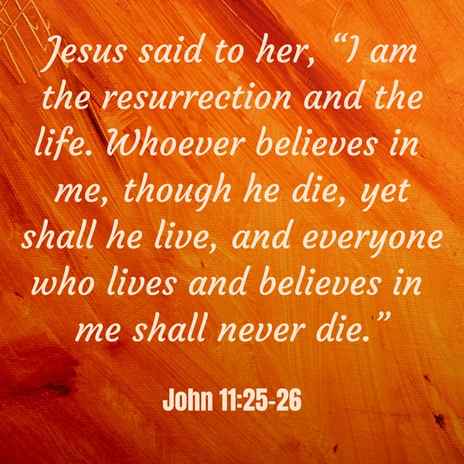 Jesus said to her, “I am the resurrection and the life. Whoever believes in me, though he die, yet shall he live, and everyone who lives and believes in me shall never die.” - John 11:25-26
