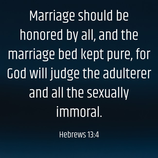 Marriage should be honored by all, and the marriage bed kept pure, for God will judge the adulterer and all the sexually immoral. - Hebrews 13:4