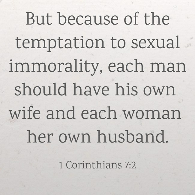 But because of the temptation to sexual immorality, each man should have his own wife and each woman her own husband. - 1 Corinthians 7:2