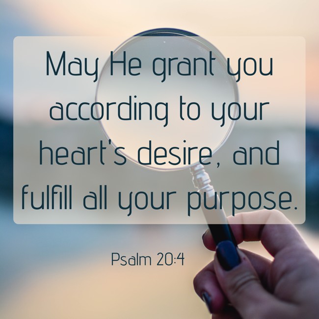 May He grant you according to your heart's desire, and fulfill all your purpose. - Psalm 20:4
