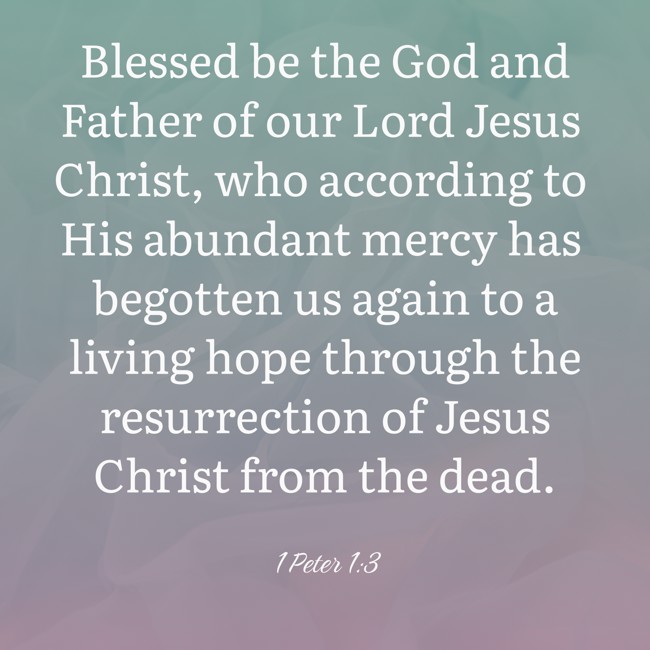 Blessed be the God and Father of our Lord Jesus Christ, who according to His abundant mercy has begotten us again to a living hope through the resurrection of Jesus Christ from the dead. - 1 Peter 1:3