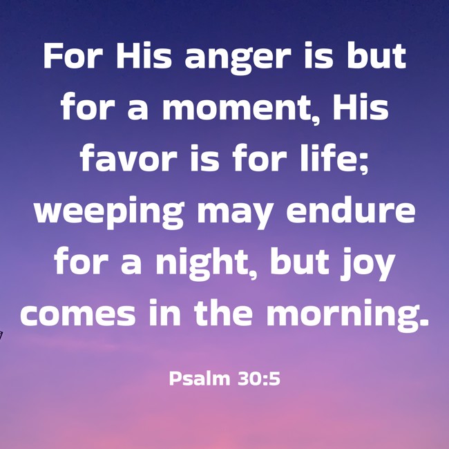For His anger is but for a moment, His favor is for life; weeping may endure for a night, but joy comes in the morning. - Psalm 30:5