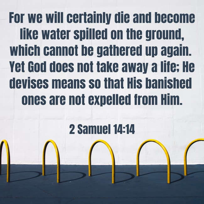 For we will certainly die and become like water spilled on the ground, which cannot be gathered up again. Yet God does not take away a life; He devises means so that His banished ones are not expelled from Him. - 2 Samuel 14:14