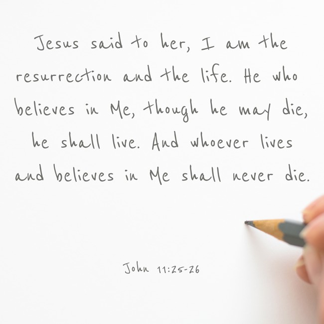 Jesus said to her, I am the resurrection and the life. He who believes in Me, though he may die, he shall live. And whoever lives and believes in Me shall never die. - John 11:25-26