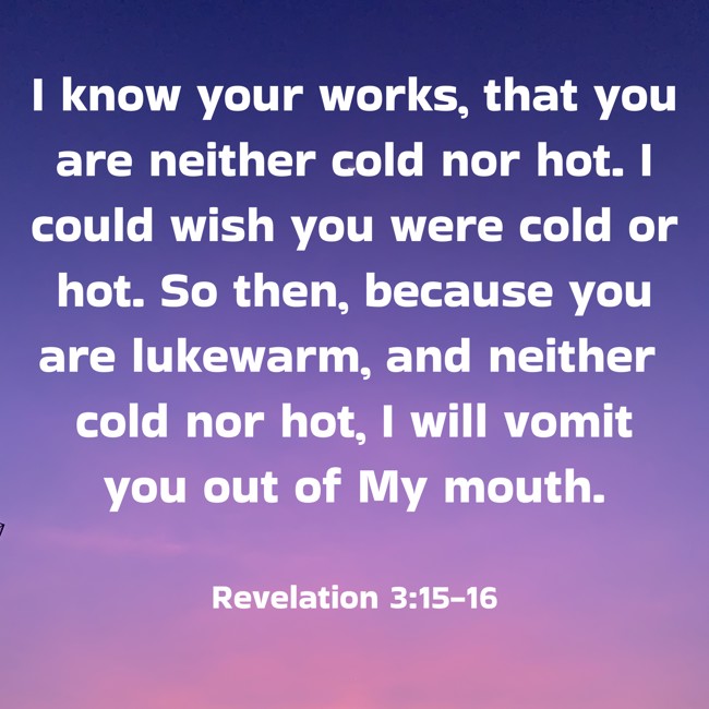 I know your works, that you are neither cold nor hot. I could wish you were cold or hot. So then, because you are lukewarm, and neither cold nor hot, I will vomit you out of My mouth. - Revelation 3:15-16
