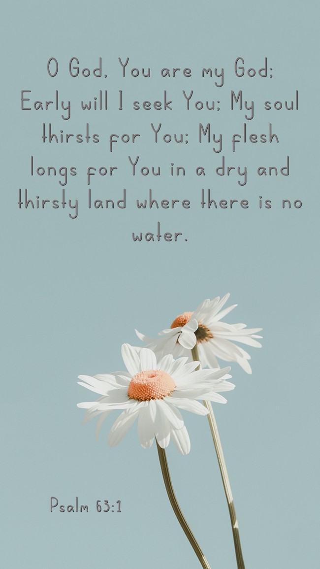 O God, You are my God; Early will I seek You; My soul thirsts for You; My flesh longs for You in a dry and thirsty land where there is no water. - Psalm 63:1