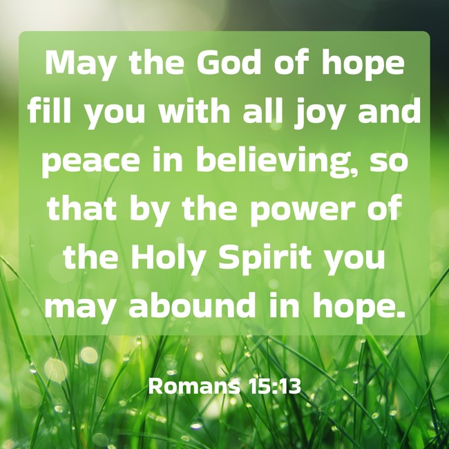  May the God of hope fill you with all joy and peace in believing, so that by the power of the Holy Spirit you may abound in hope.   - Romans 15:13 