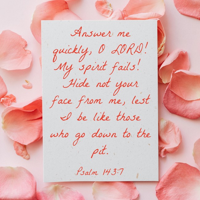  Answer me quickly, O LORD! My spirit fails! Hide not your face from me, lest I be like those who go down to the pit.   - Psalm 143:7 
