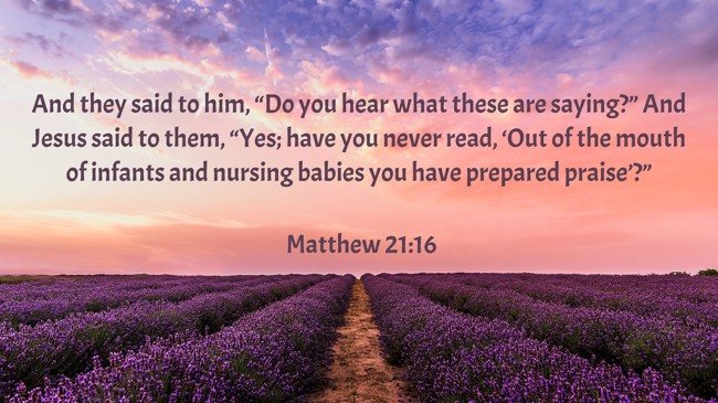 And they said to him, “Do you hear what these are saying?” And Jesus said to them, “Yes; have you never read, ‘Out of the mouth of infants and nursing babies you have prepared praise’?” - Matthew 21:16