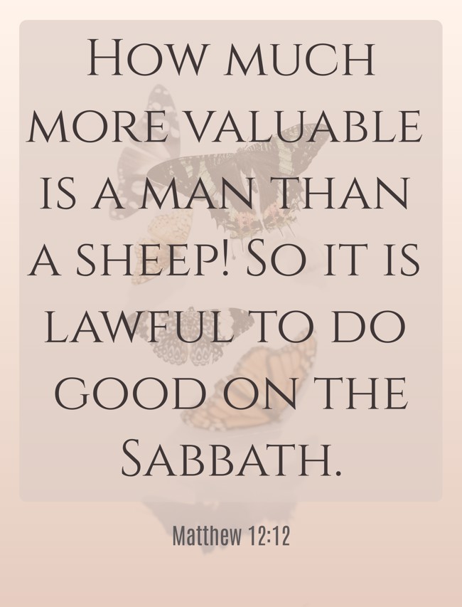 How much more valuable is a man than a sheep! So it is lawful to do good on the Sabbath. - Matthew 12:12