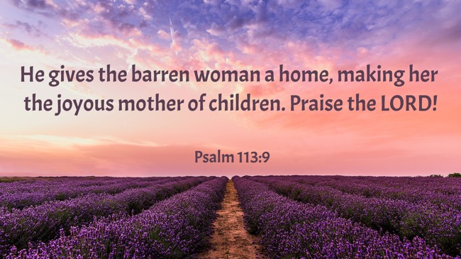 He gives the barren woman a home, making her the joyous mother of children. Praise the LORD! - Psalm 113:9