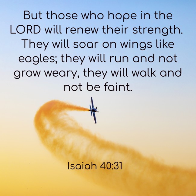 But those who hope in the LORD will renew their strength. They will soar on wings like eagles; they will run and not grow weary, they will walk and not be faint. - Isaiah 40:31