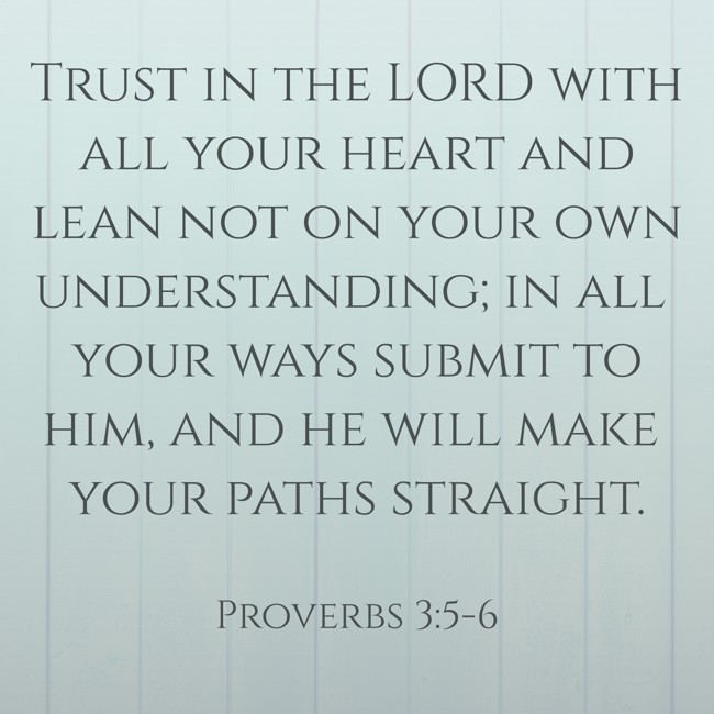 Trust in the LORD with all your heart and lean not on your own understanding; in all your ways submit to him, and he will make your paths straight. - Proverbs 3:5-6
