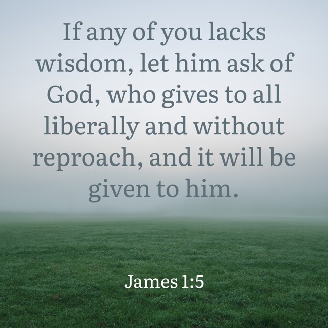  If any of you lacks wisdom, let him ask of God, who gives to all liberally and without reproach, and it will be given to him.   - James 1:5 