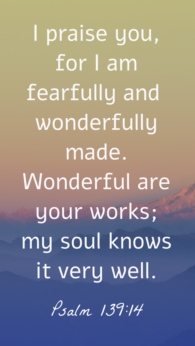  I praise you, for I am fearfully and wonderfully made. Wonderful are your works; my soul knows it very well.   - Psalm 139:14 
