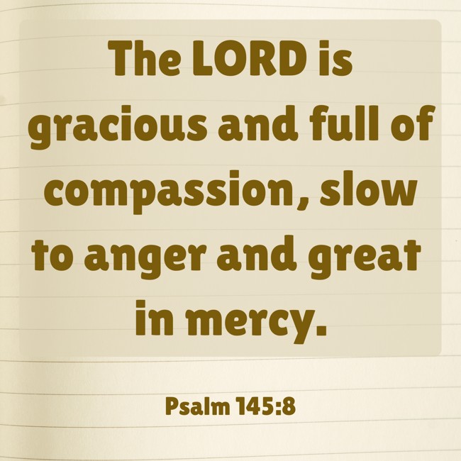 The LORD is gracious and full of compassion, slow to anger and great in mercy. - Psalm 145:8