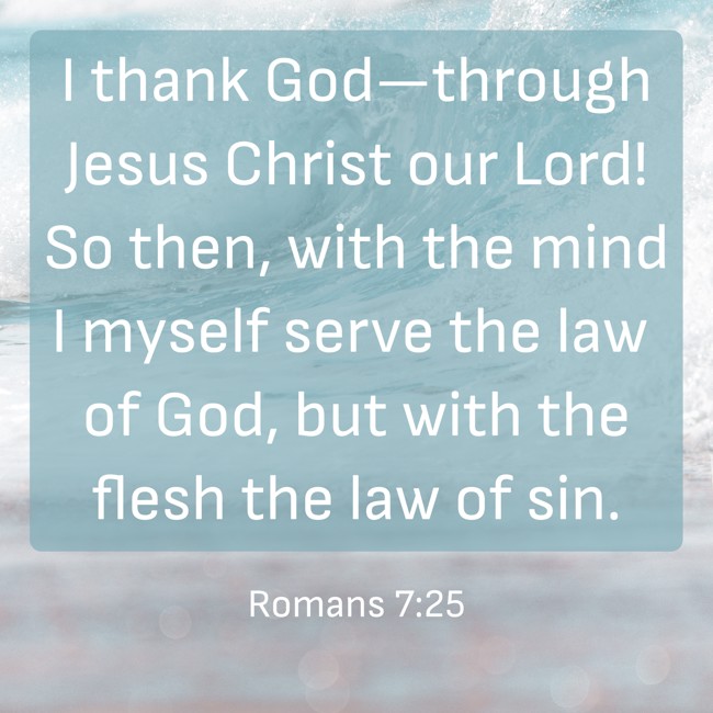 I thank God—through Jesus Christ our Lord! So then, with the mind I myself serve the law of God, but with the flesh the law of sin. - Romans 7:25