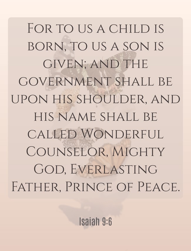  For to us a child is born, to us a son is given; and the government shall be upon his shoulder, and his name shall be called Wonderful Counselor, Mighty God, Everlasting Father, Prince of Peace.   - Isaiah 9:6 