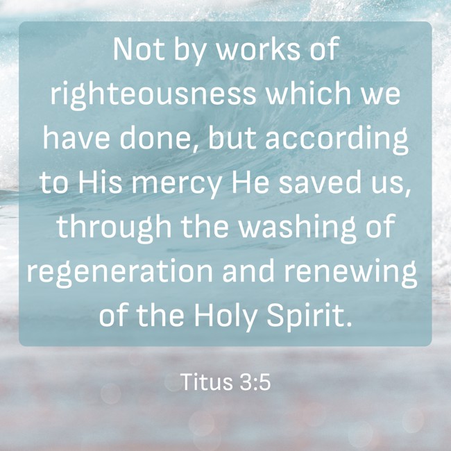 Not by works of righteousness which we have done, but according to His mercy He saved us, through the washing of regeneration and renewing of the Holy Spirit. - Titus 3:5