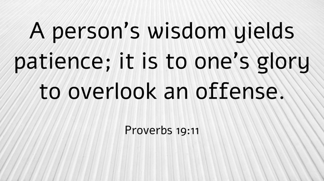 A person’s wisdom yields patience; it is to one’s glory to overlook an offense. - Proverbs 19:11