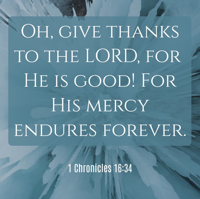 Oh, give thanks to the LORD, for He is good! For His mercy endures forever. - 1 Chronicles 16:34