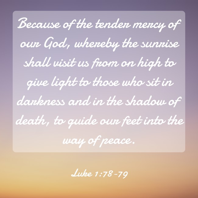 Because of the tender mercy of our God, whereby the sunrise shall visit us from on high to give light to those who sit in darkness and in the shadow of death, to guide our feet into the way of peace. - Luke 1:78-79