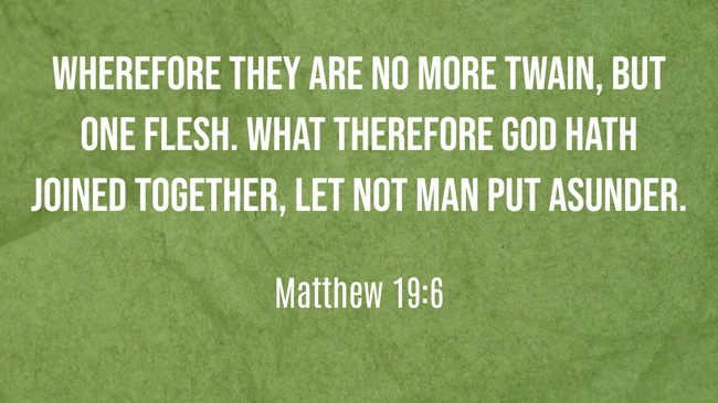  Wherefore they are no more twain, but one flesh. What therefore God hath joined together, let not man put asunder.   - Matthew 19:6 