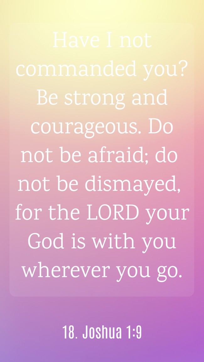 Have I not commanded you? Be strong and courageous. Do not be afraid; do not be dismayed, for the LORD your God is with you wherever you go. - 18. Joshua 1:9