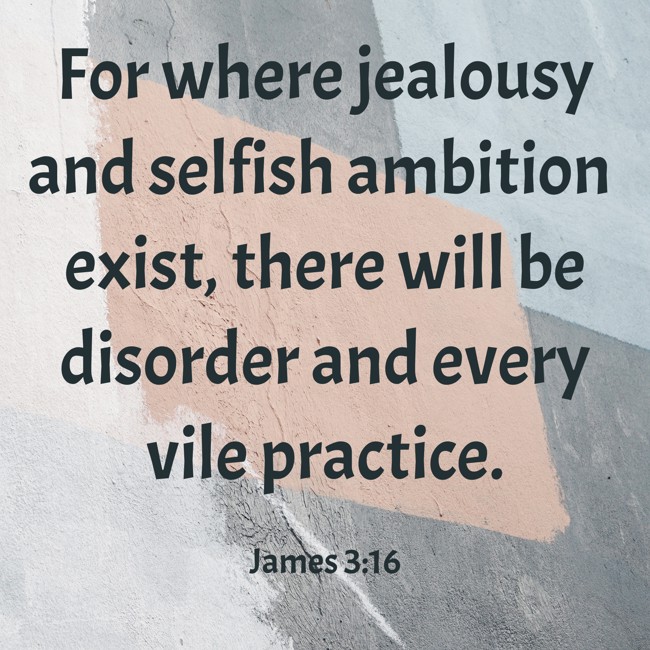 For where jealousy and selfish ambition exist, there will be disorder and every vile practice. - James 3:16